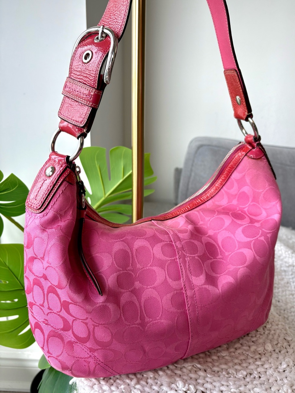 Vintage Y2K Coach F13116 Hot Pink Signature C Jacquard Hobo Shoulder Bag